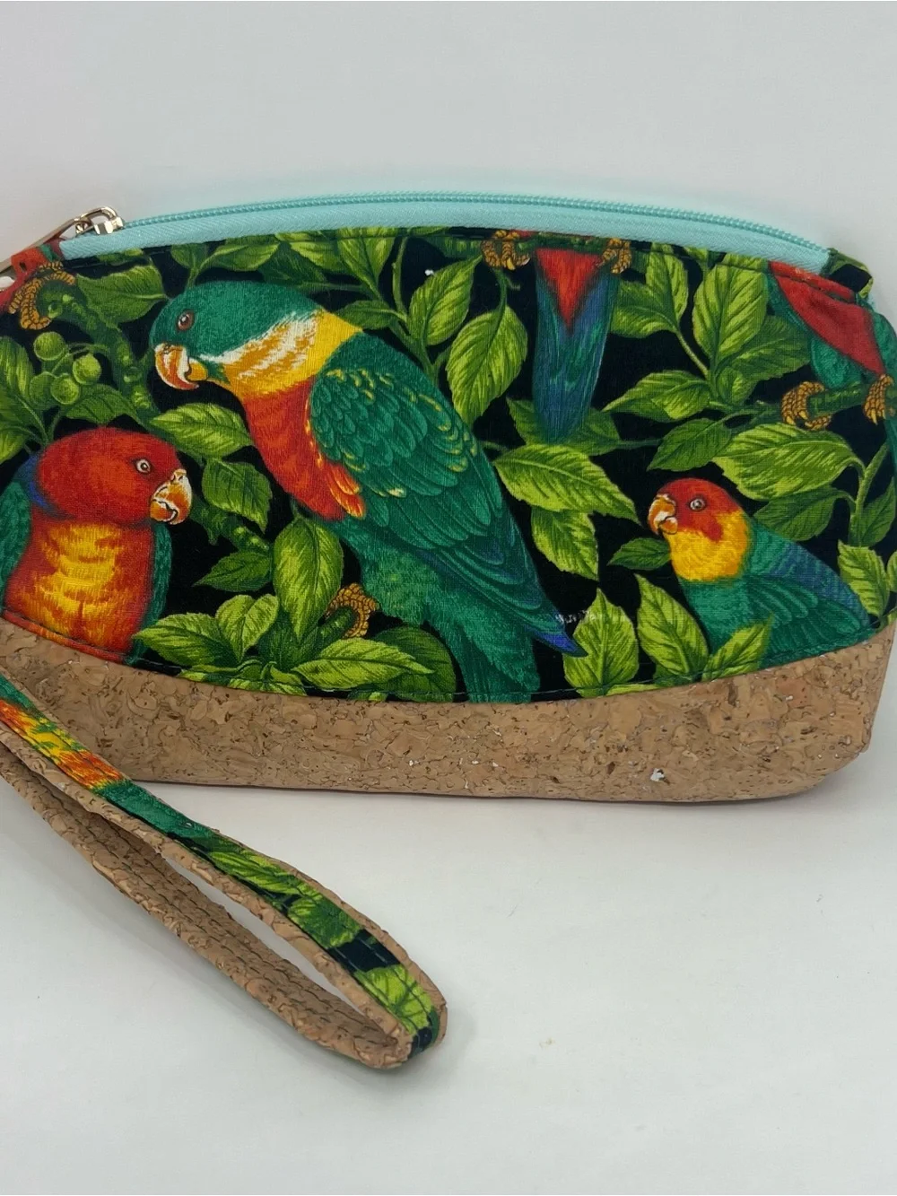 Handmade Tropical Parrot Cork Fabric Wristlet  Zipper Pouch Clutch Bag